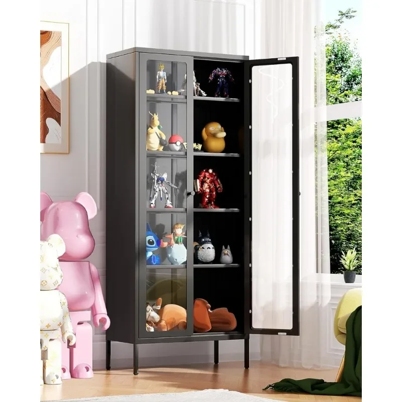 Metal Storage Cabinet, Black Display Curio Glass Storage Cabinet with Glass Doors and 4 Shelves, Tall Bookcase Modern Bookshelf