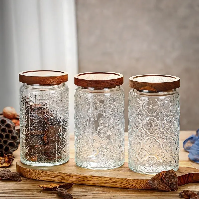 700ML1000ML Retro Begonia Flower Glass Sealed Jar Candy Snack Storage Jar Home Furnishing Large Capacity Glass Storage Container