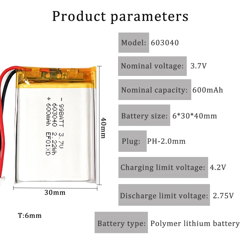 Akumulator litowo-polimerowy 3,7 V 600 mAh 603040 do wielokrotnego ładowania, do GPS, lamp LED, masażerów, głośników Bluetooth, zabawek, kijek do selfie, wentylatorów — zdjęcie produktu 5