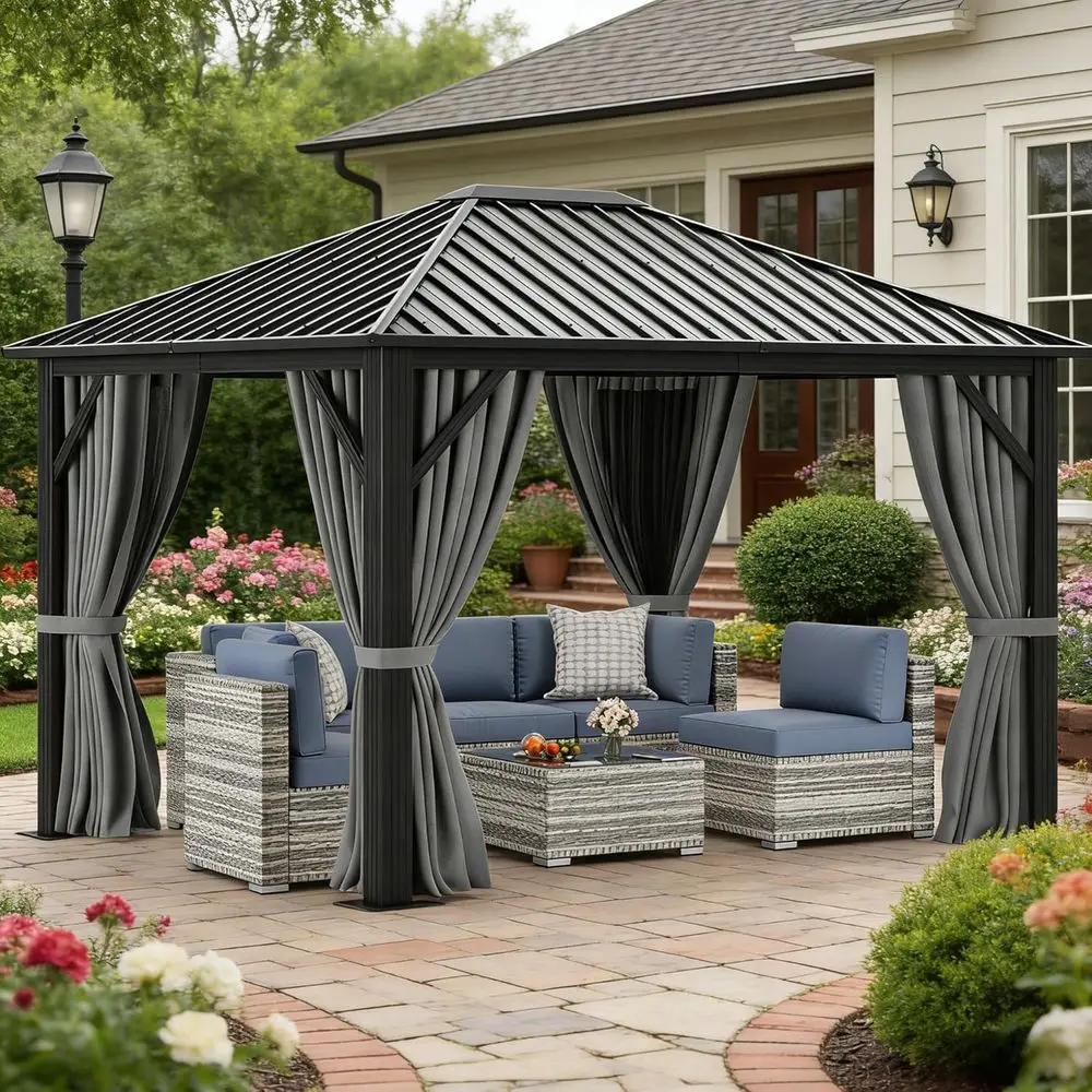 

10X12T Single Hardtop Metal Gazebo Top Outdoor Patio Galvanized Iron Column Garden Tent Curtains Netting or Backyards Decks Lawn