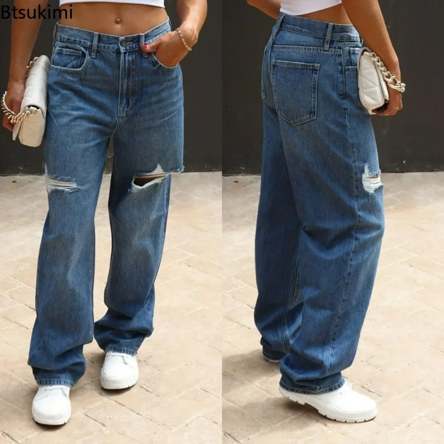 

New 2024 Women's Fashion Ripped Holes Jeans Pants Streetwear Vintage Button Denim Trousers Female Long Pants High Waist Jeans