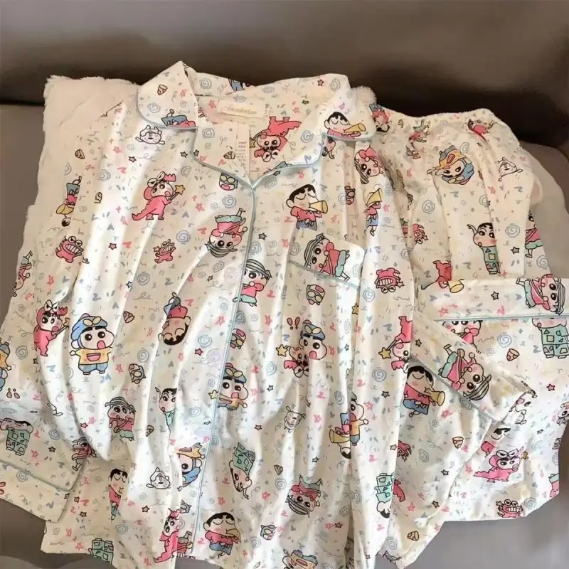 Spring Autumn Women Cartoon Sleepwear Crayon Shin-Chan Long Sleeve Pants Pajamas Ladies Homewear Leisure Comfortable Outer Wear