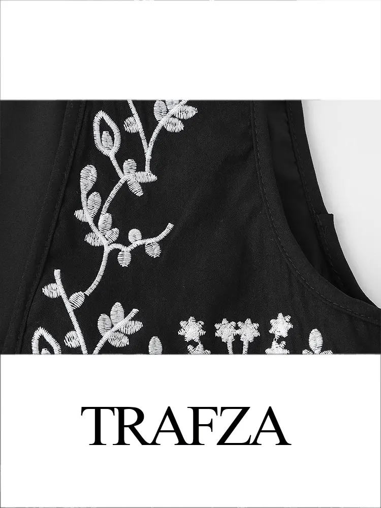 Trafza 2024 feminino inverno casual colete curto topo moda preto e branco bordado elegante feminino solto acolchoado colete