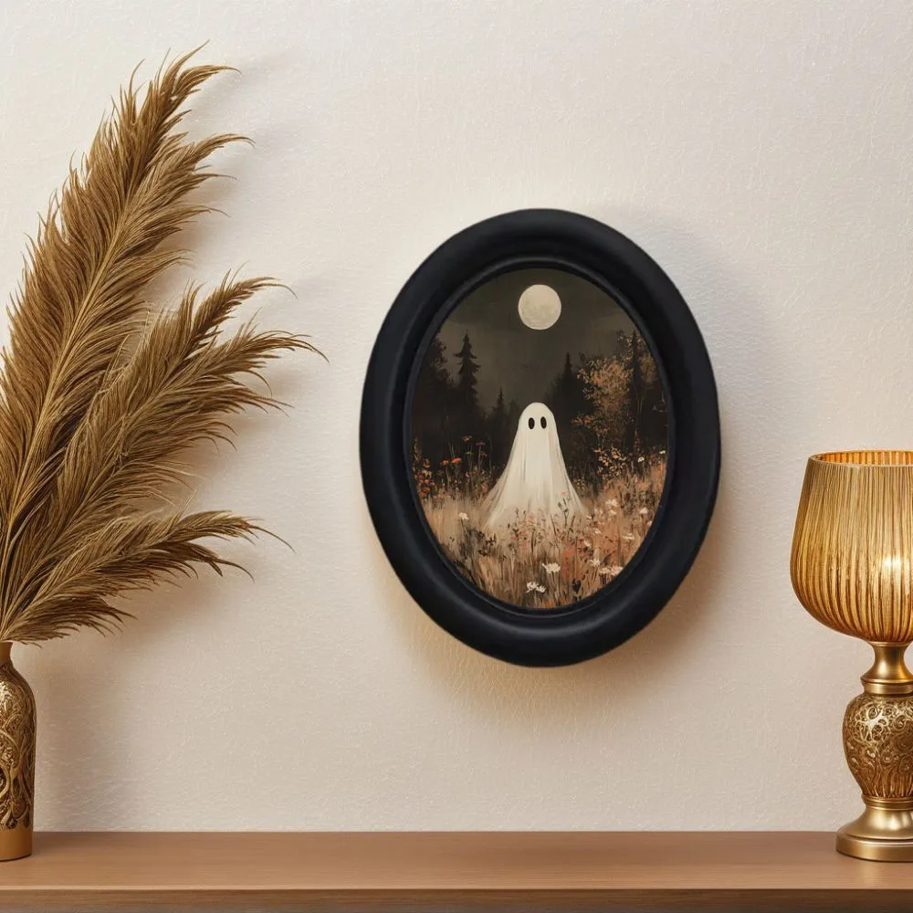 1 Piece of Vintage Full Moon Wilderness Floral Ghost Wall Decoration, Cute Dark Halloween Desktop Wall Hanging, Oval Wooden Decoration, Suitable for Home and Office, Perfect Halloween and Living Room Decoration, Gothic Vintage Style Picture Frame