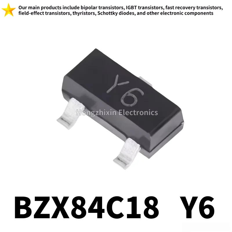 100PCS, NEW, BZX84C18, 18V, SOT-23, Silk Screen Printing: Y6, Zener Diode SMD Transistor