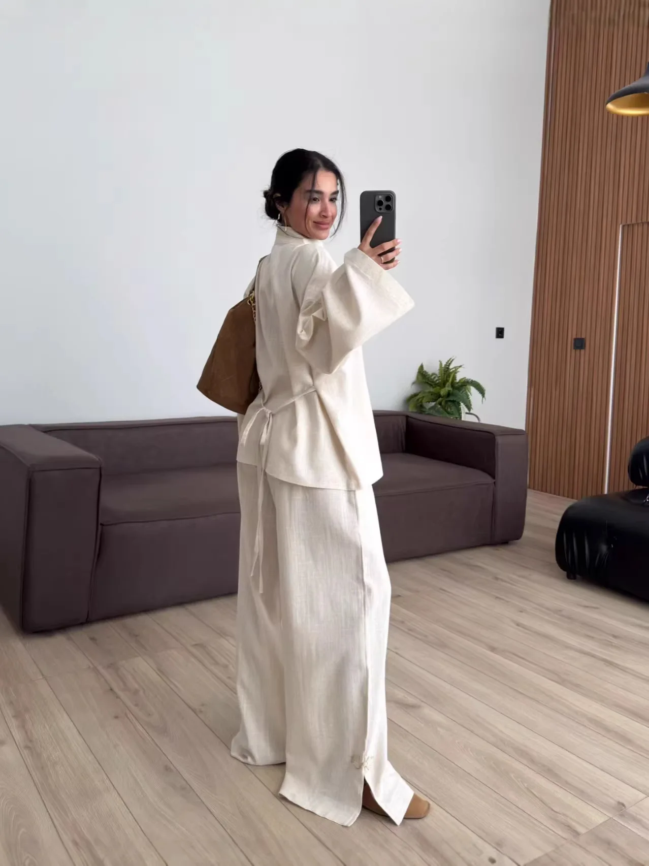 2026 New Chinese Style Linen Two Piece Set Mandarin Collar Frog Button Knot Back Tie Wide Leg Pants Casual Elegant Office Outfit