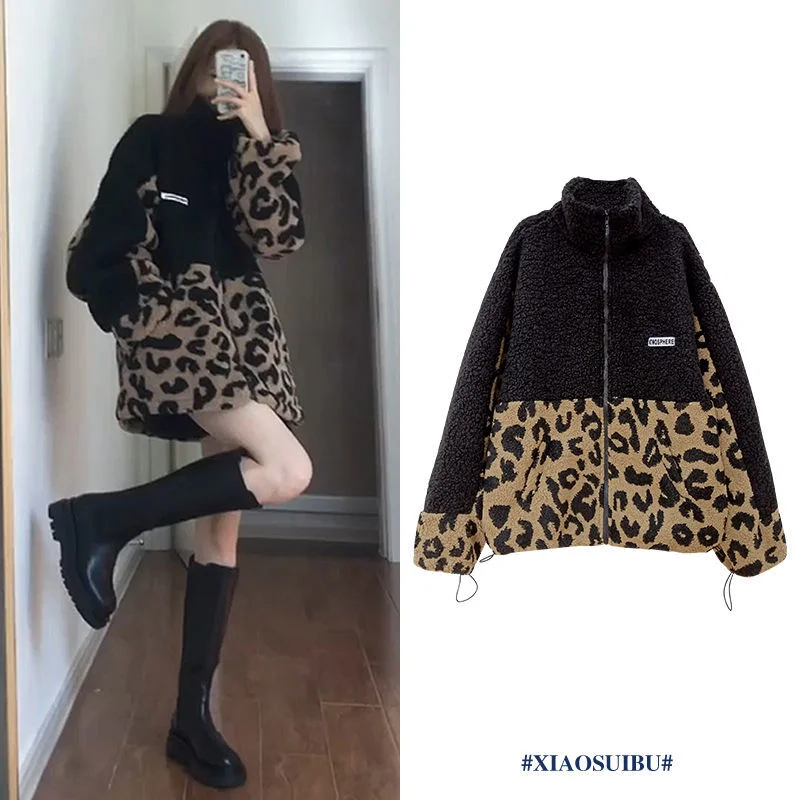 

Spliced Leopard Lamb Plush Coat 2022 New Women's Autumn and Winter Plush Thickened Loose Retro Winter Clothes Women