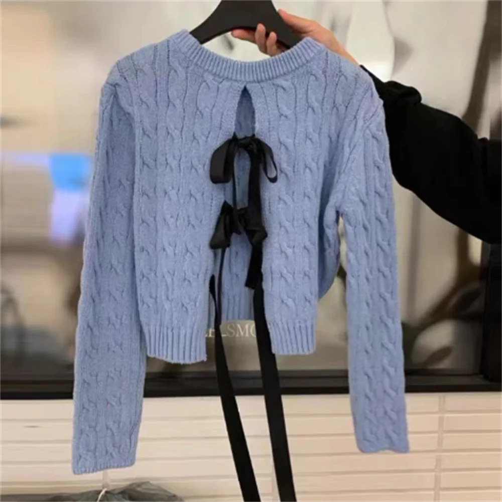 Simple twist short sleeved sweater blouse bow knit top women Forked sweater mujer