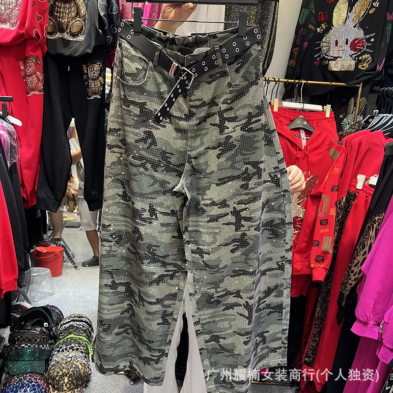 American Vintage Hot Diamonds Camouflage Cargo Jeans All-match New Spring Autumn Wide Leg Handsome Women Loose Denim Pants