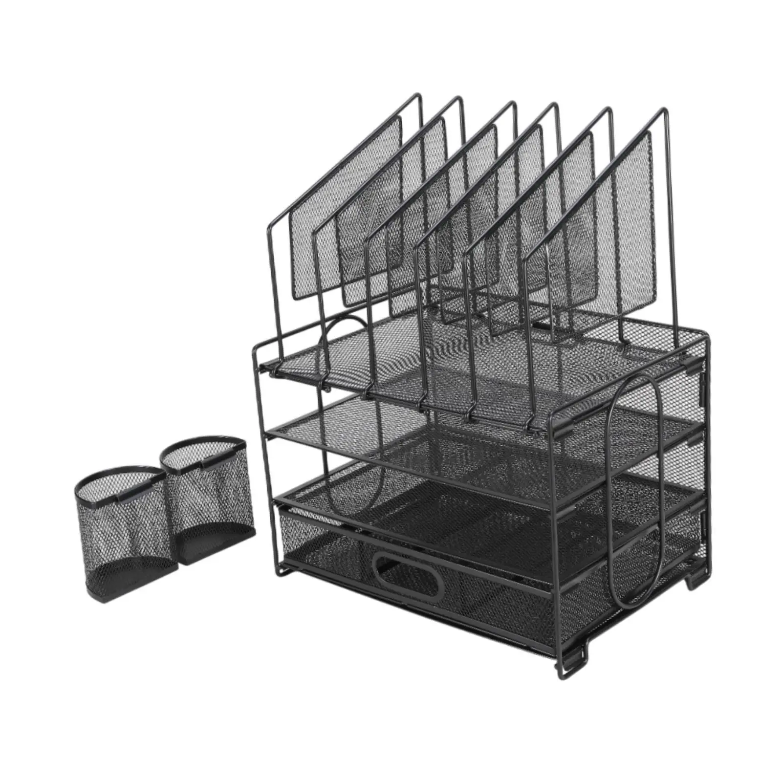 Desk Organizer with 2 Pen Holders Multipurpose Office Supplies with Drawer Paper Letter Tray Organizer Mesh Desk File Holder