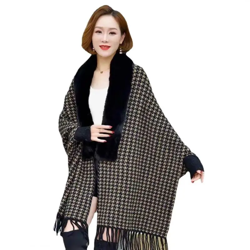 

Autumn and Winter New Imitation Mink Collar Cape Large Size Fringed Knitted Cardigan Ladies Cape Coat