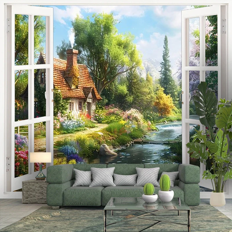1PC Digital Print Tapestry Wall Hanging, Fake Window Sunset Mountain Lake View Art, Nature Scenery 3D Window Wall Art Decor - view 6