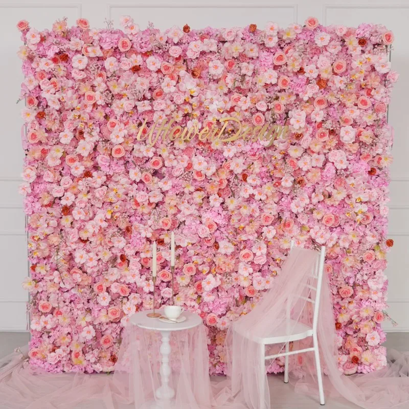 

2026 Uflower Artificial Flower Wall Roll-Up Luxury Pink Rose Fabric Floral Backdrop Wall For Wedding Event Party Decor Curtain