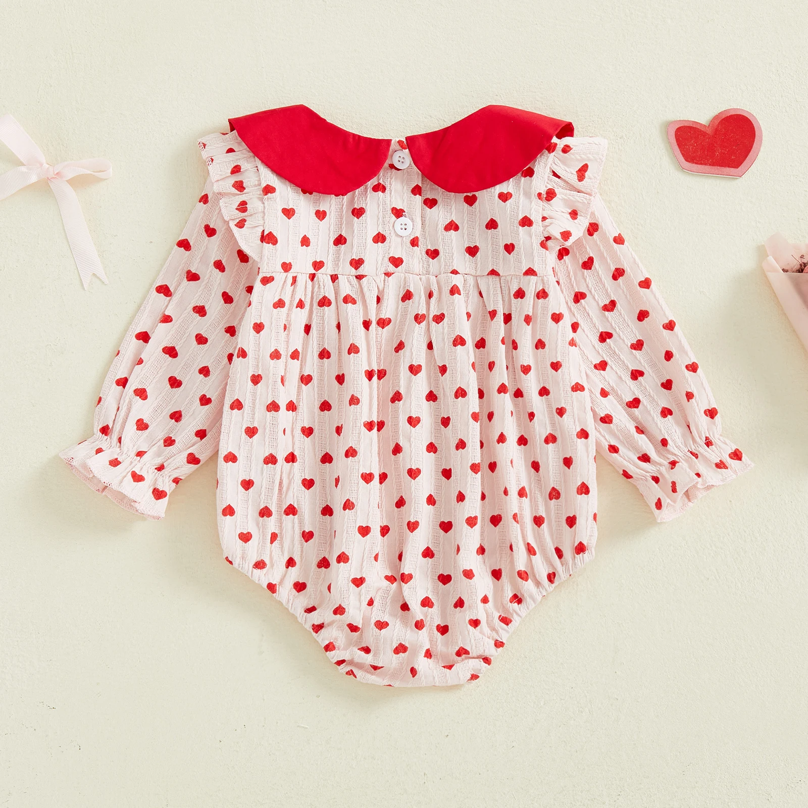 

Tregren 0-18M Infant Newborn Baby Girl Valentine's Day Cute Romper Spring Long Sleeve Doll Collar Heart Print Bodysuit Clothes