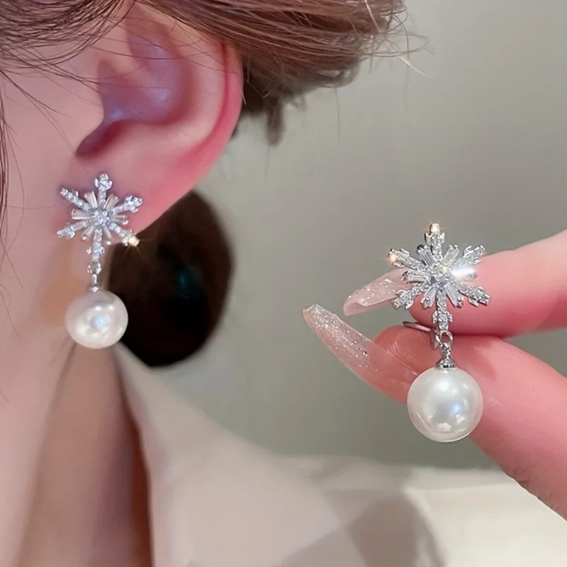 Exquisite Shiny Synthetic Rhinestone Snowflake Earrings with Imitation Pearl Pendant Ideal Choice for Gifts Suitable for Party
