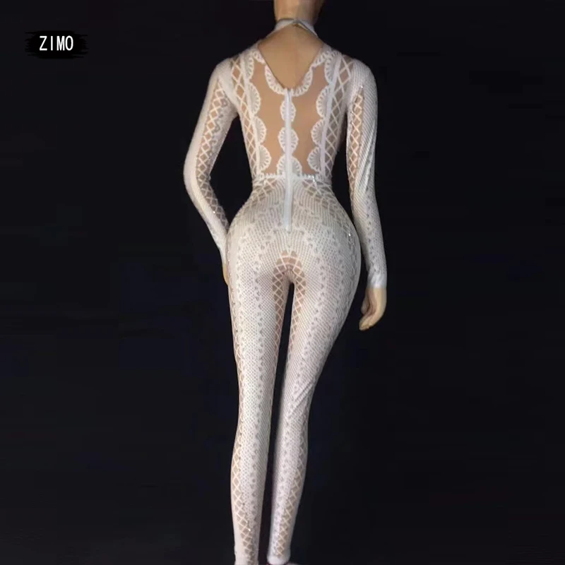 custom white black Spandex Print Stretch Jumpsuit Stage Singer Dancer Performance Rompers birthday pole dance outfits for women