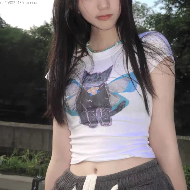 Funny Anime Butterfly Kitty Cat T-shirt Y 2k Hippie Hip Hop Sexy White Corset Crop Top Female Cute Graphic Korean Fashion Tees