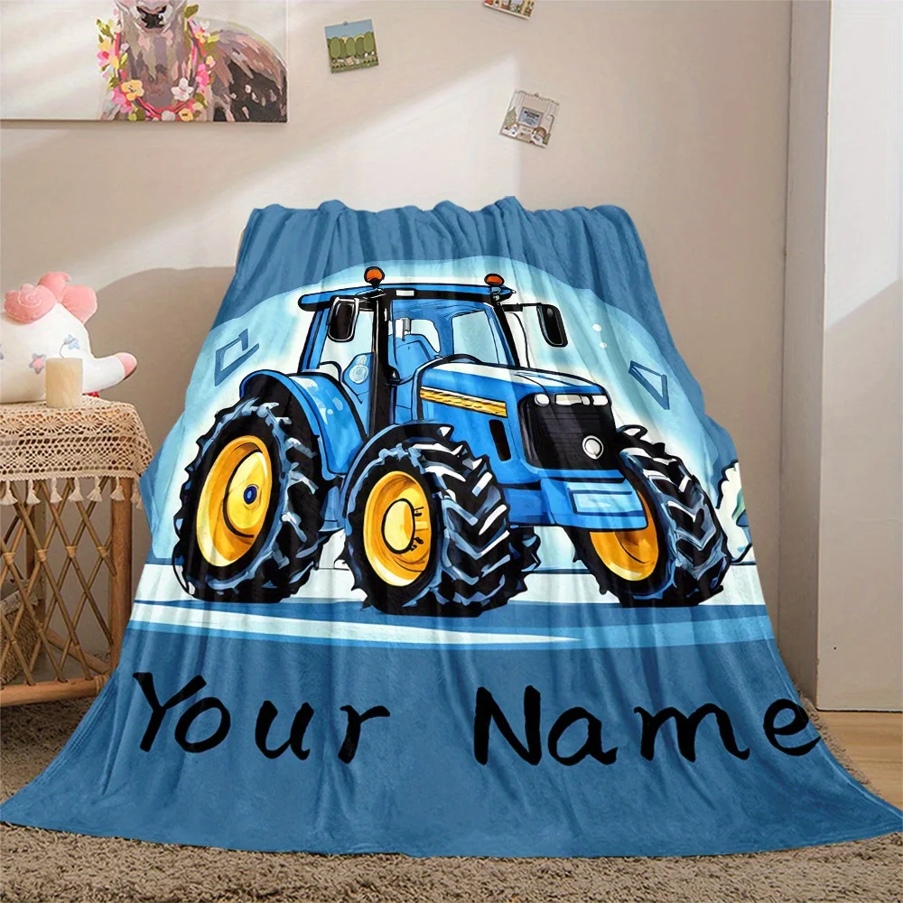 Custom name agricultural tractor printed flannel blanket,soft，all-season home、office decoration，suitable for bed、sofa、camping