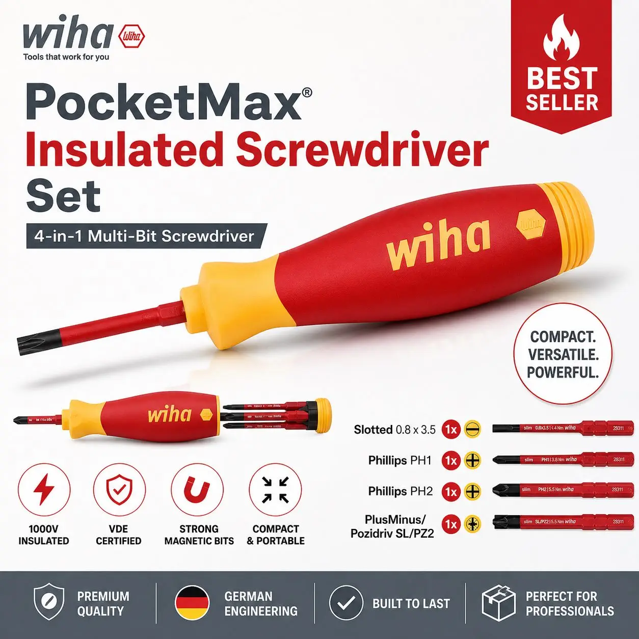 WIHA VDE Insulated Screwdriver Set, PocketMax with SlimBits, 1000V Insulated Electrician Tool Kit, Multi-Bit Screwd