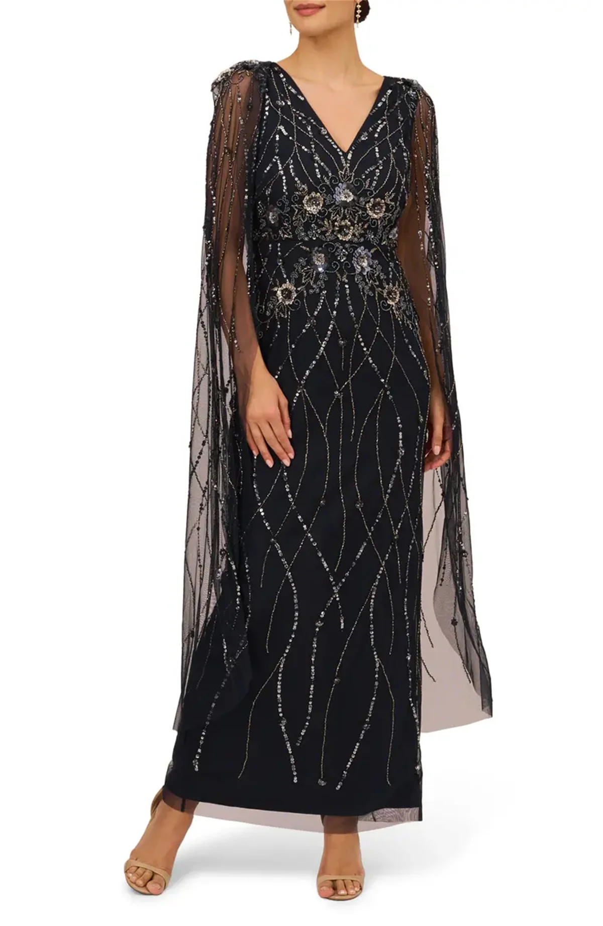 

Evening Dress V-Neck Cape Sleeves To Ankle Length Luxury Black Sequin Lace Flower Crystal Zipper Tailored Elegant Mom Dress