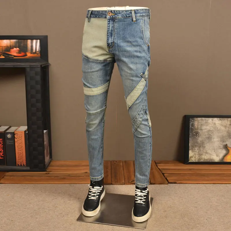 High Street Fashion Men Jeans Retro Washed Blue Stretch Slim Fit Patched Ripped Jeans Men Spliced Designer Hip Hop Denim Pants