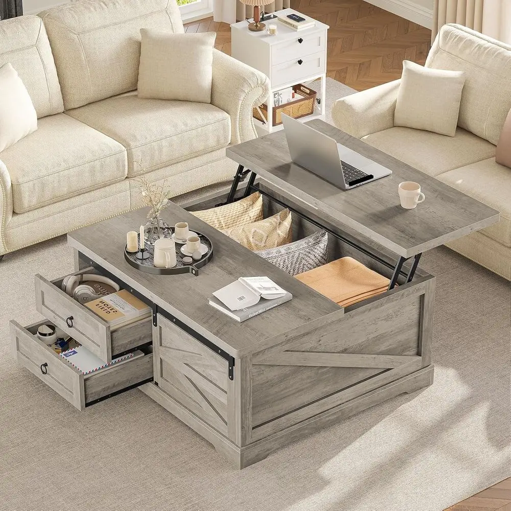 39.4'' Lit Top Coee Table with Storage, armhouse Coee Tables or Living Room, Square Coee Table with Large Hodden Comparent & 2 D
