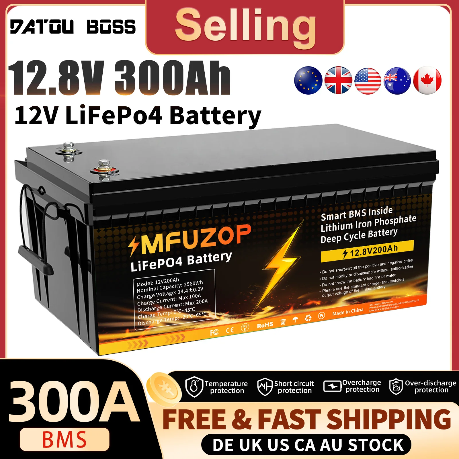 

DATOUBOSS 12V 300Ah LiFePO4 Battery Integrated 200A BMS 8000+ Cycles Lithium Battery Max 3840W Power Perfect for Solar