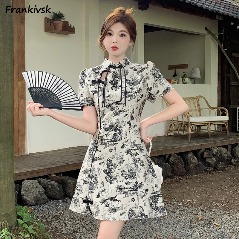 Dress Women Slimming Button Tie Dye Printed Chinese Style Vintage Aesthetic Streetwear Temper Summer Comfortable Decent Popular