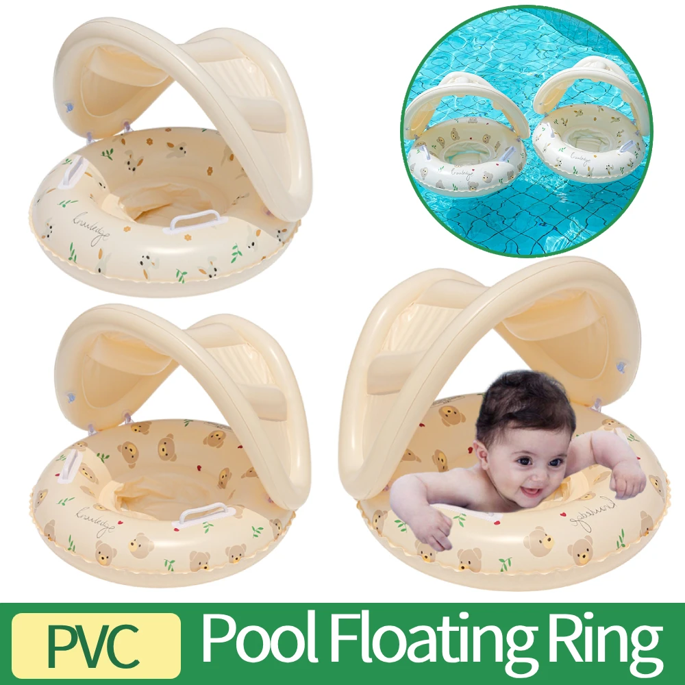 Baby Swim Ring Inflatable Pool Floats Leakproof Floral Pool Rings with Handles & Seat with Sun Protection Canopy for Boys Girls