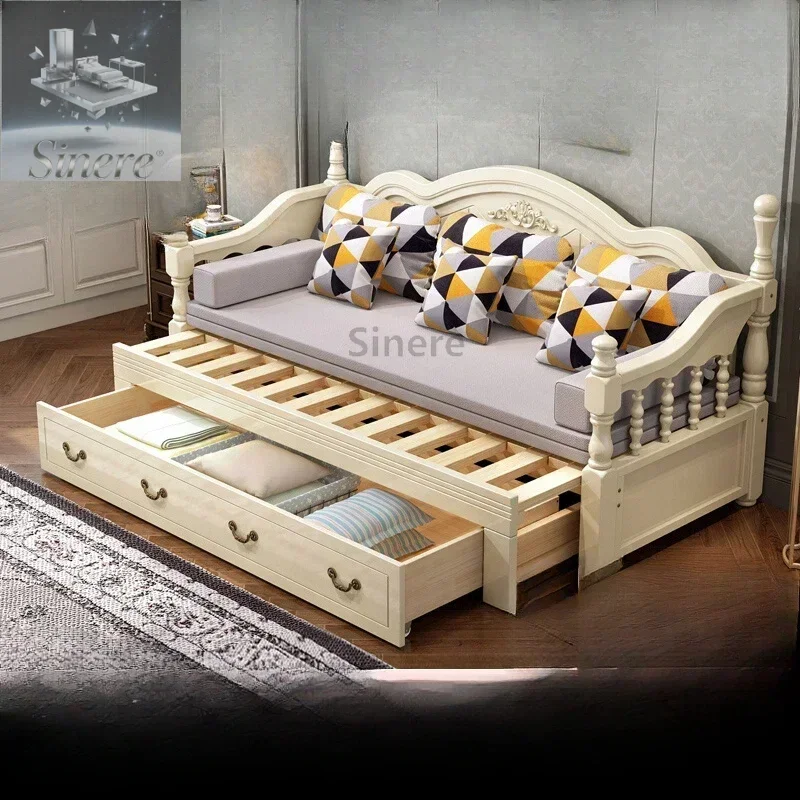 

Европейский диван-кровать из цельного дерева, складной диван двойного назначения для гостиной, многофункциональная двуспальная односпальная кровать, новая маленькая выдвижная выдвижная кровать