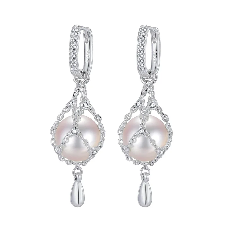 New S925 Pure Silver Australian White High Gloss Pearl Ear Buckle Design, Light Luxury Mesh Pocket Earrings, Wedding Jewelry