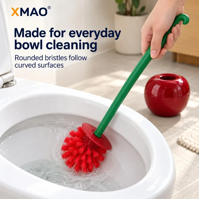 Long Handle Toilet Cleaning Brush with Cherry Shaped Holder, Soft Bristle Bathroom Scrubber Set with Plastic Storage Base