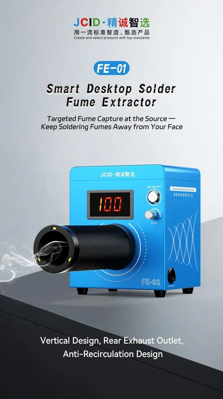 JCID welding fume purifier features multi-layer filtration and powerful suction, and comes with a 360° adjustable hose.