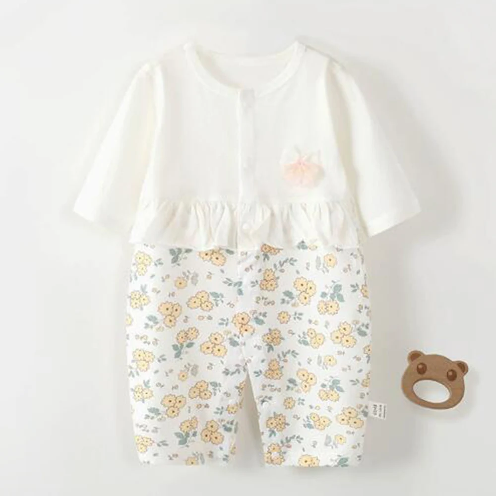 Baby Girl Boutique Clothing Summer Ruffles Floral Patchwork Lightweight Baby Rompers Long Sleeve Air-conditioned Infant Jumpsuit