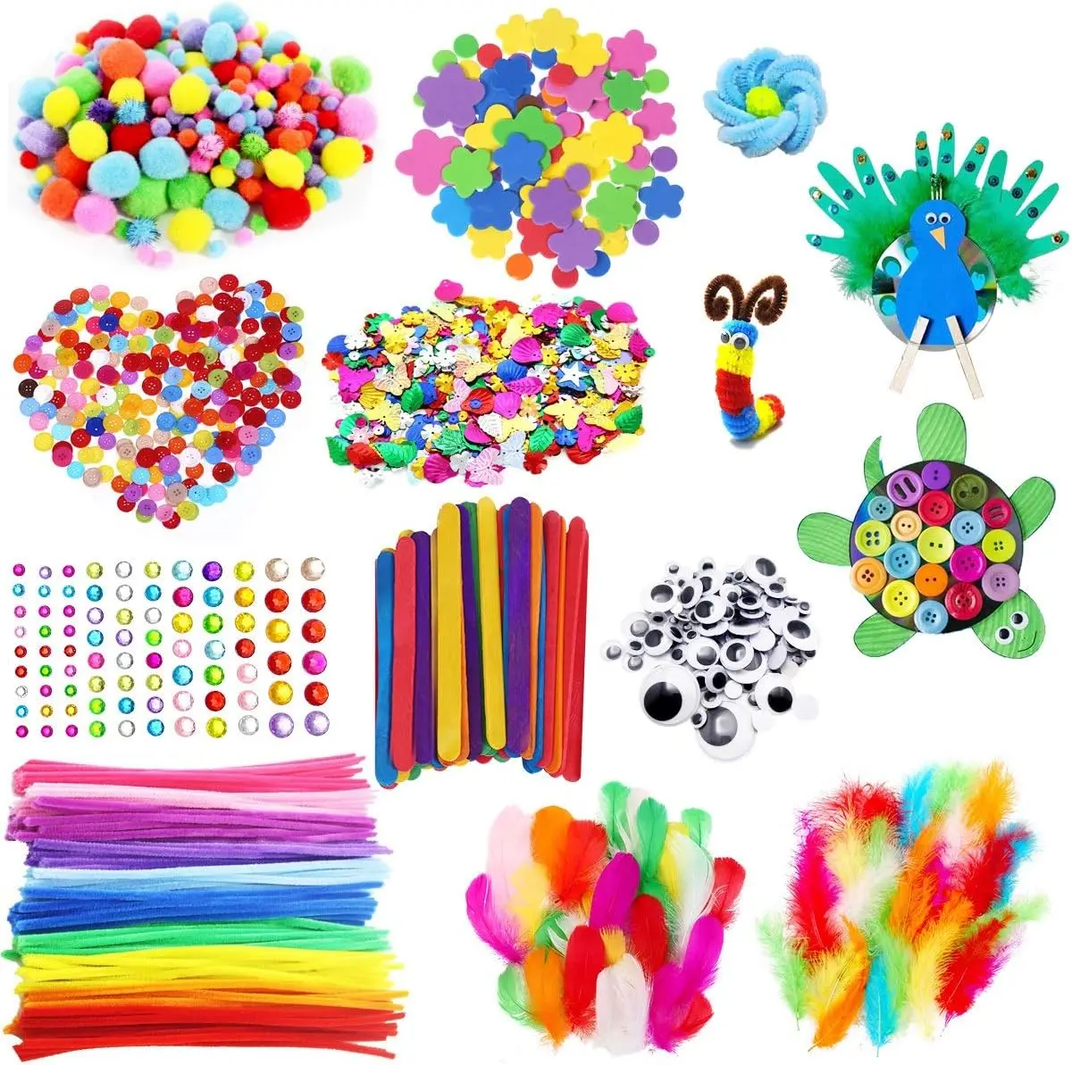 

Arts & Crafts Supplies Kit - Feathers, Pipe Cleaners, Googly Eyes, Pom Poms, Buttons, Sticks, Sequins, and More!