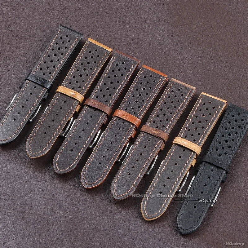 Vintage skórzany pasek do zegarka 18mm 20mm 22mm ręcznie szyty pasek ze skóry wołowej do opaski na nadgarstek Seiko Smartwatch uniwersalny oddychający