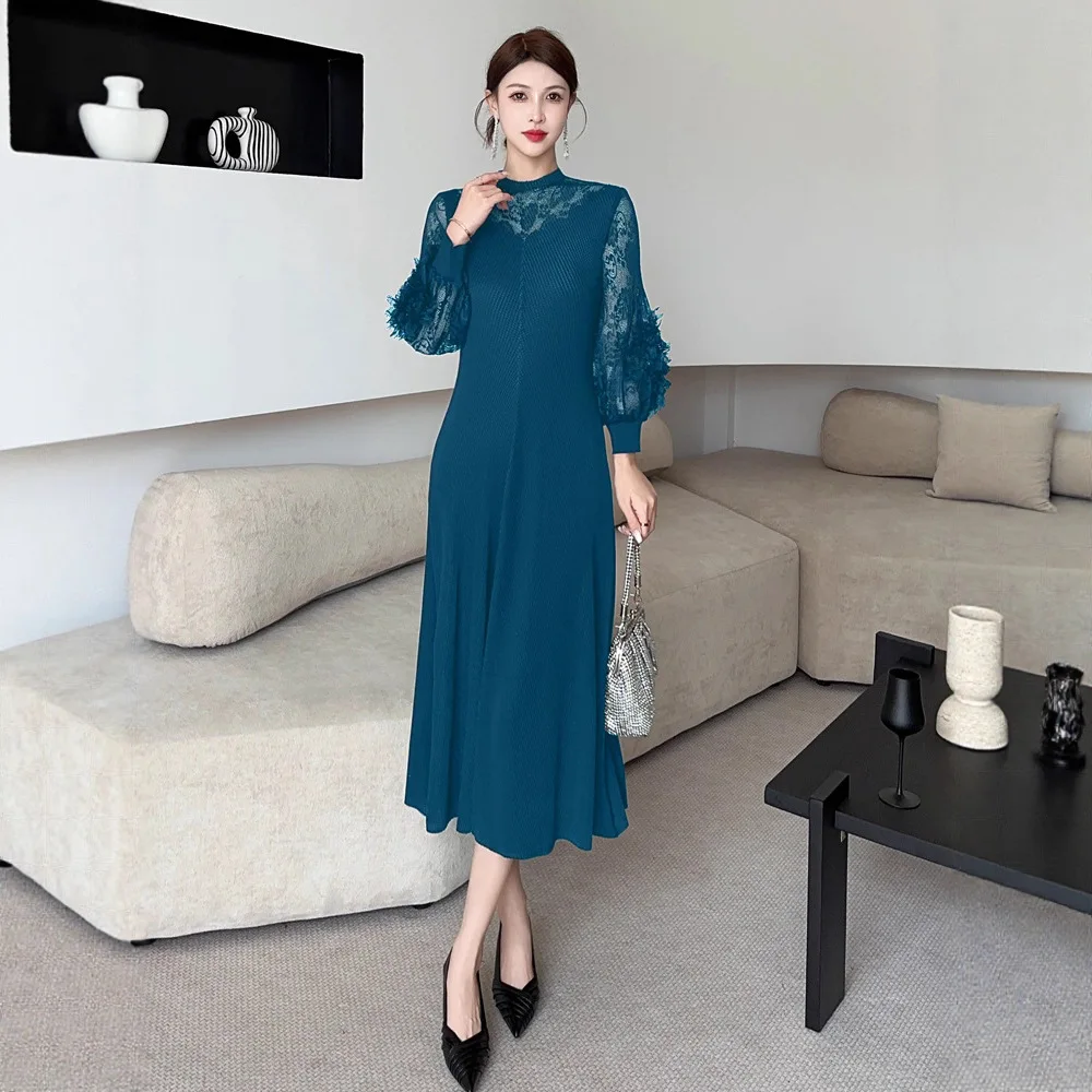 Miyake Pleated Lace Spliced Dress for Women 2025 New Solid Color High-end Half-high Neck Long Sleeve Loose Dress Long Skirt
