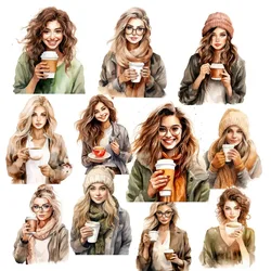 watercolor Female white-collar workers drinking coffee Stickers Girl Phone Case Photo Album DIY Decoration scrapbooking