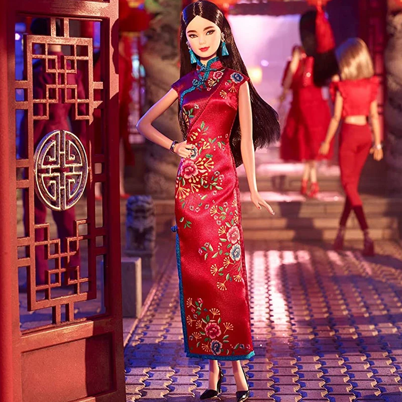 Original Lunar New Year Barbie Signature 12Inch Doll Red Satin Cheongsam Dress Toys for Girls Brown Hair Limited Collection Gift