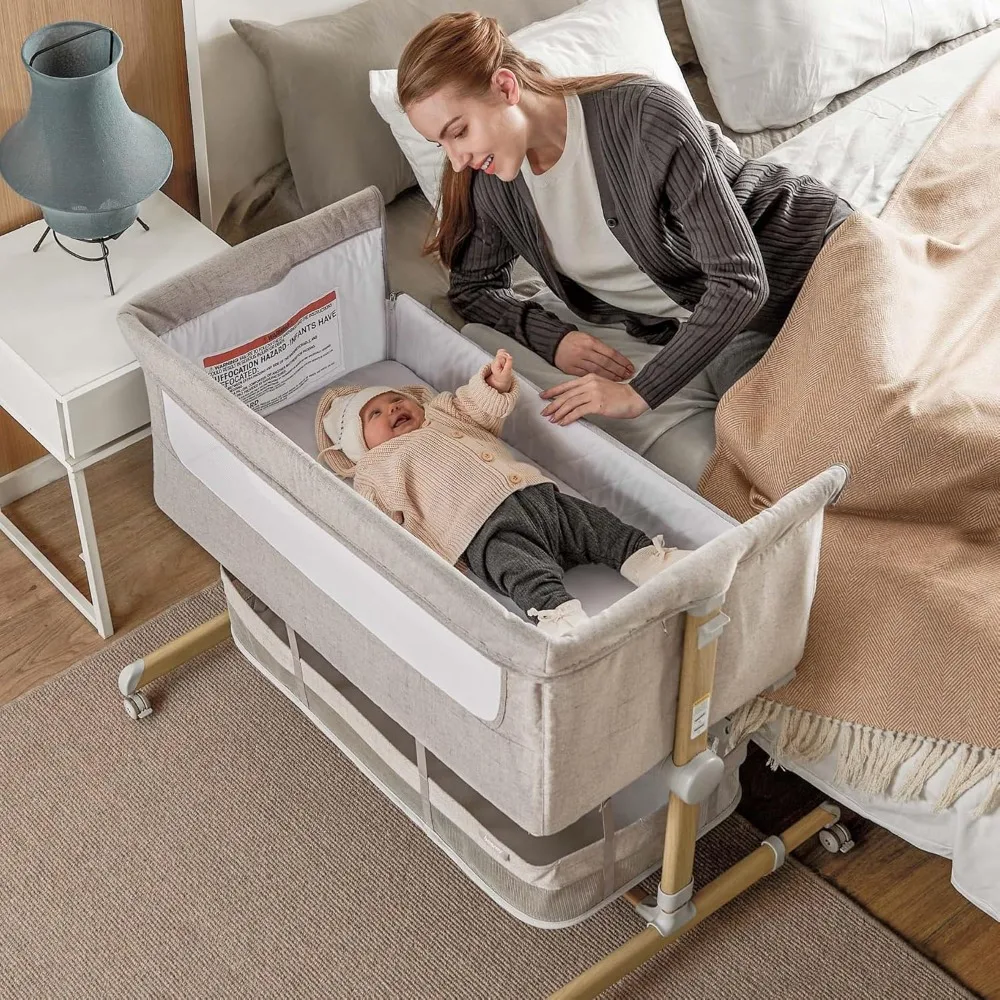 

Baby Bassinet Bedside Sleeper, Adjustable Bedside Crib with 360° Swivel Wheels Bassinet for Baby with Storage Basket