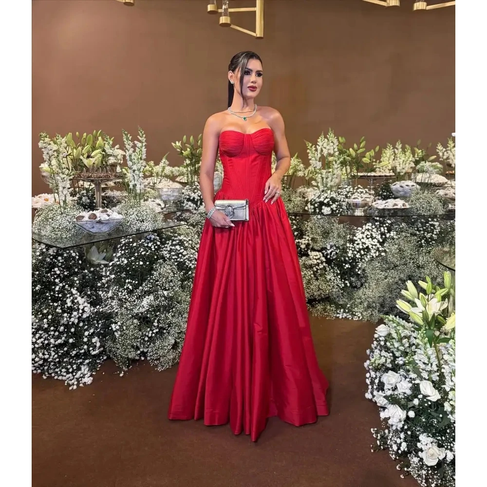 

Red Elegant Evening Dresses Strapless Sleeveless A Line Floor Length Prom Gowns Zipper Party Dress Vestidos De Novia Customized