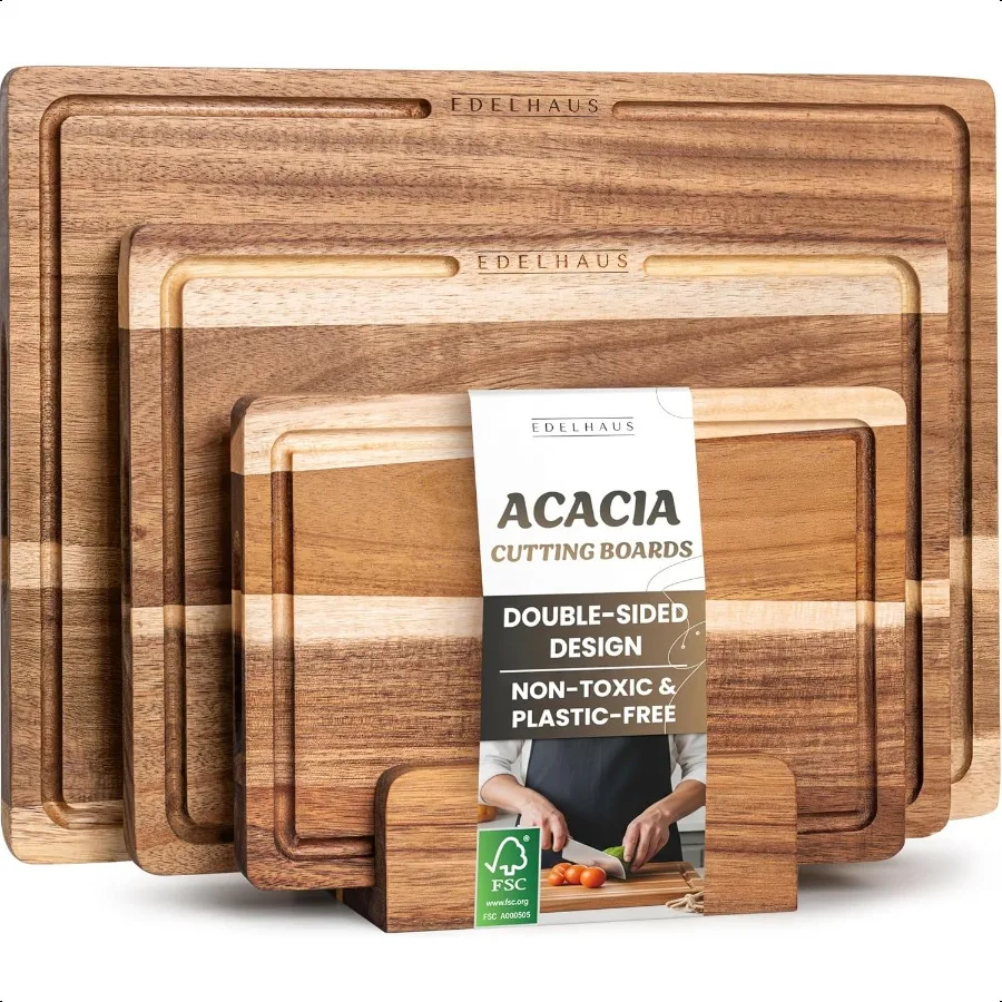

Acacia Wood Cutting Board for Kitchen NonToxic Cutting Board Set of 3 Chopping Boards with Deep Juice Groove for Meat Cheese Ve