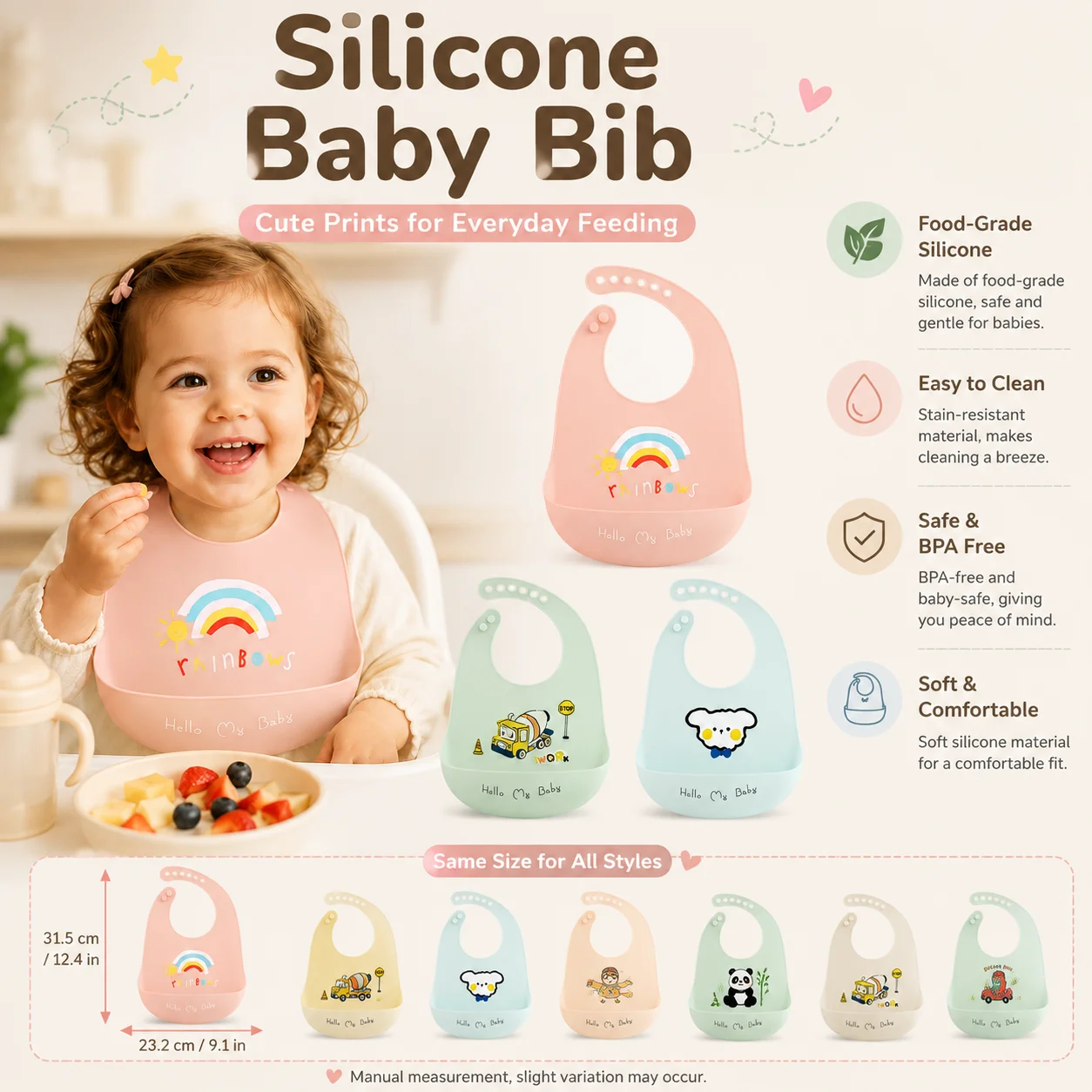 Waterproof Baby Bibs Baby Stuff Cute Cartoon Animal Printed Kids Bib Girl Boy Adjustable Soft Silicone Bib Baby Feeding Stuff