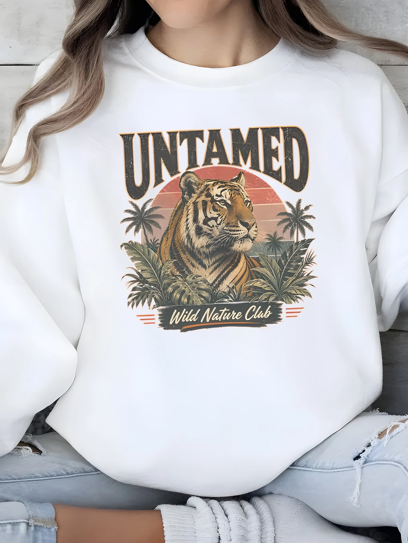 Sunset Jungle Tiger Women's Crew Neck Sweatshirt, Fleece Lined for Warmth, Halloween Costume, Women's Autumn Clothing