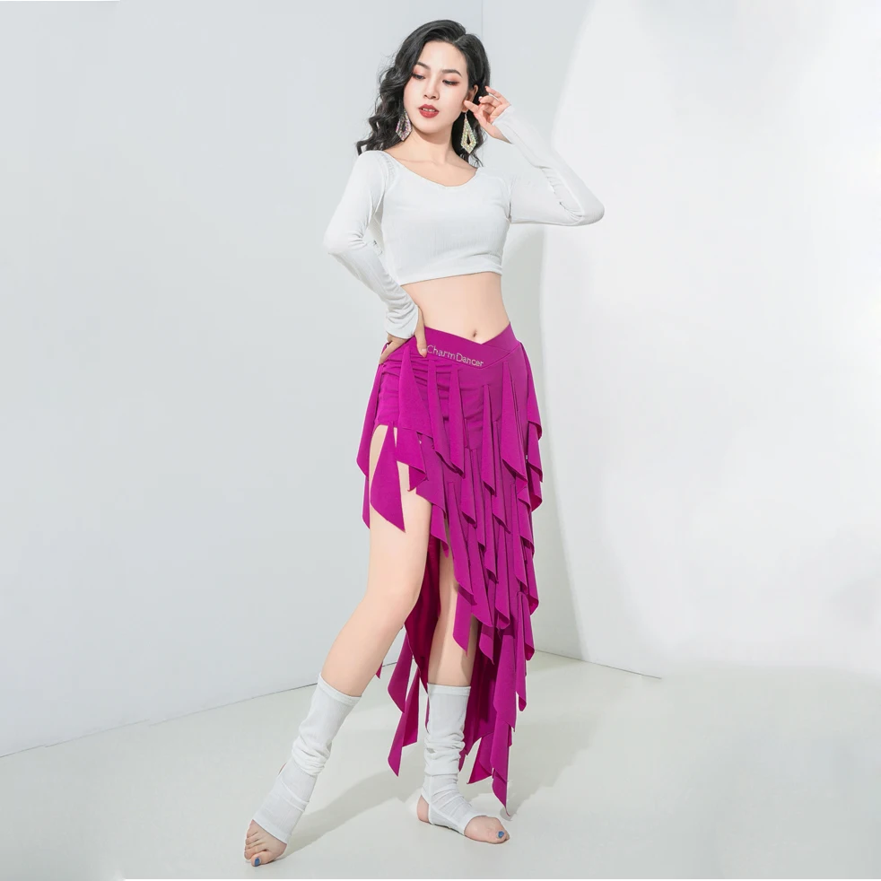 Girls Group Dance Class Clothes Fringes Hip Scarf Oriental Dance Outfit Belly Dance Costume Set 3pcs Top Skirt Tube Socks