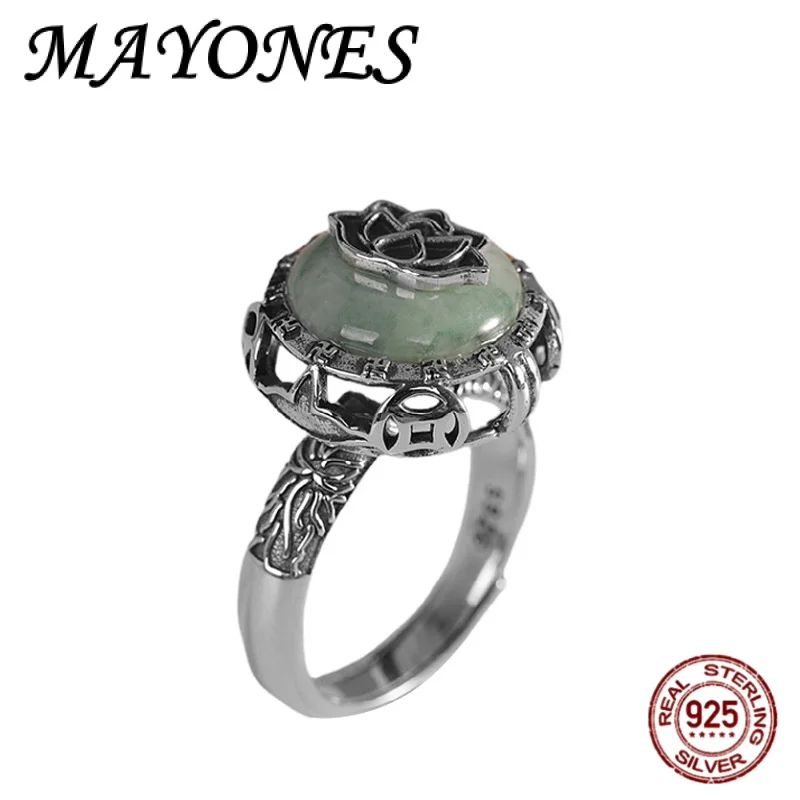 

NEW S925 Silver Retro Natural Jade Rotating Lotus Coin Adjustable Ring Women's Fashion Gift