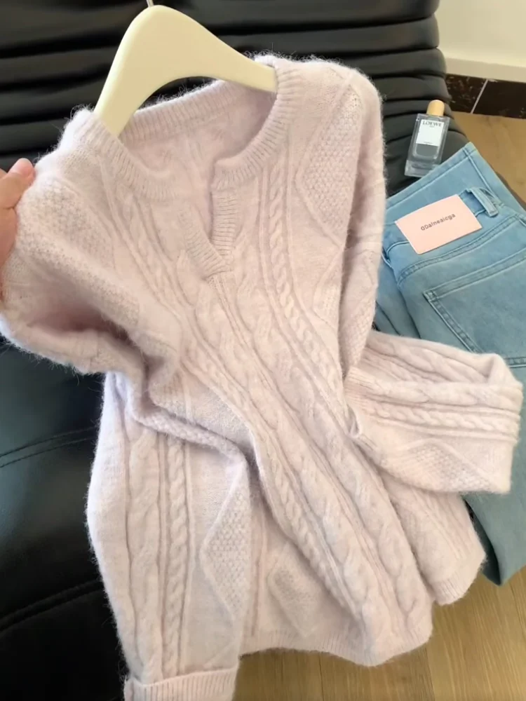 

Модный вязаный свитер V-Ne, женский зимний ленивый свитер, фиолетовый, розовый, закрученный, премиум-класса, удобный крой, прямая длинная трубка...