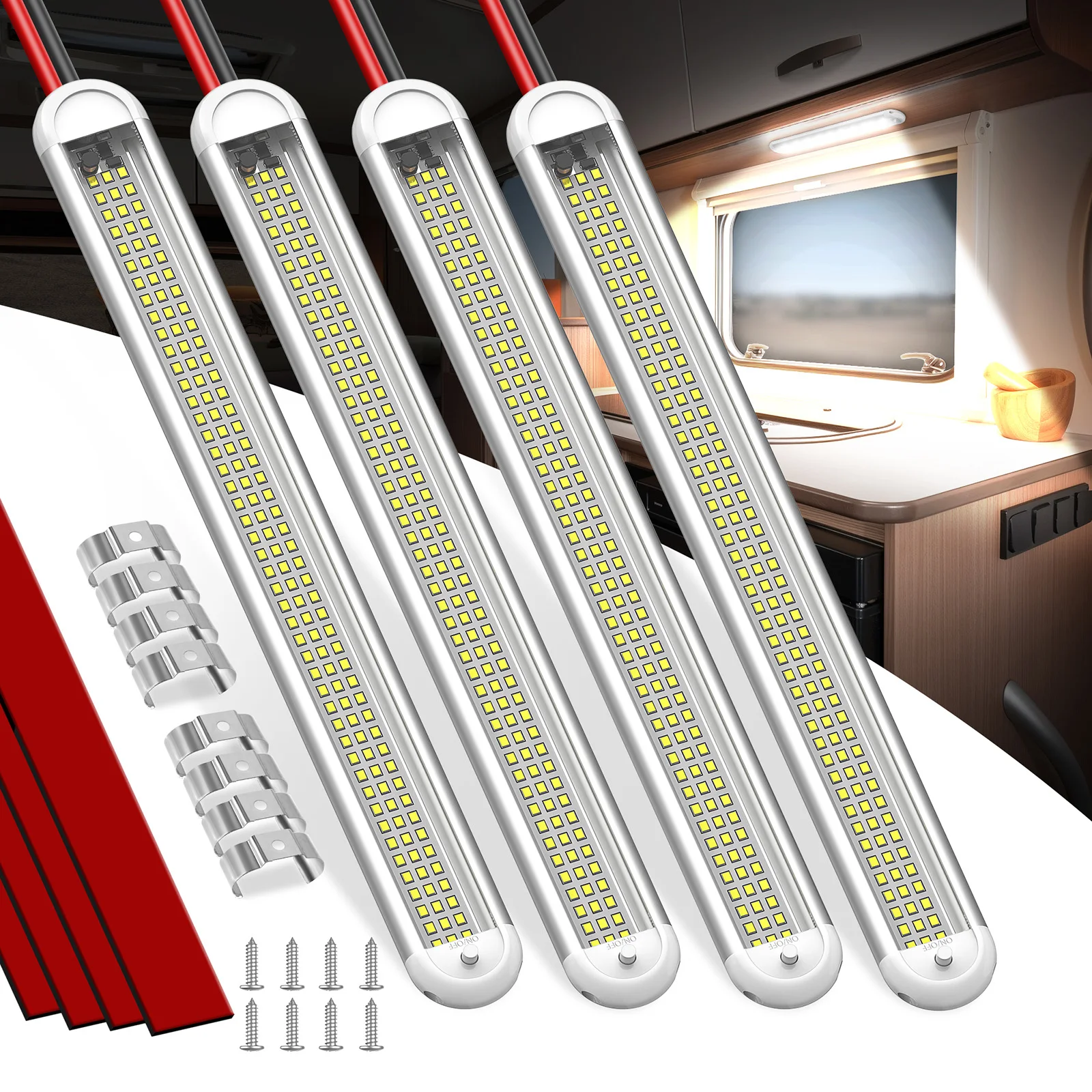 

MICTUNING 4Pcs 12V 28W LED Interior Strip Light Reading Lamps with Switch, Suitable for Enclosed Freight Trailers, Motorhomes