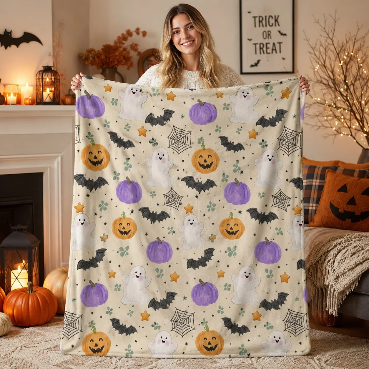 Halloween Ghost Pumpkin Bat Doodle Fleece Blanket, Cute Spooky Autumn Throw, Cozy Fall Purple Orange Black Blanket, Seasonal Home Décor