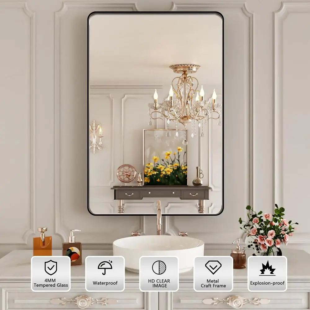 長方形のマットブラックメタルフレームのバスルームミラー、24x36インチ、壁掛けバニティミラー、角丸